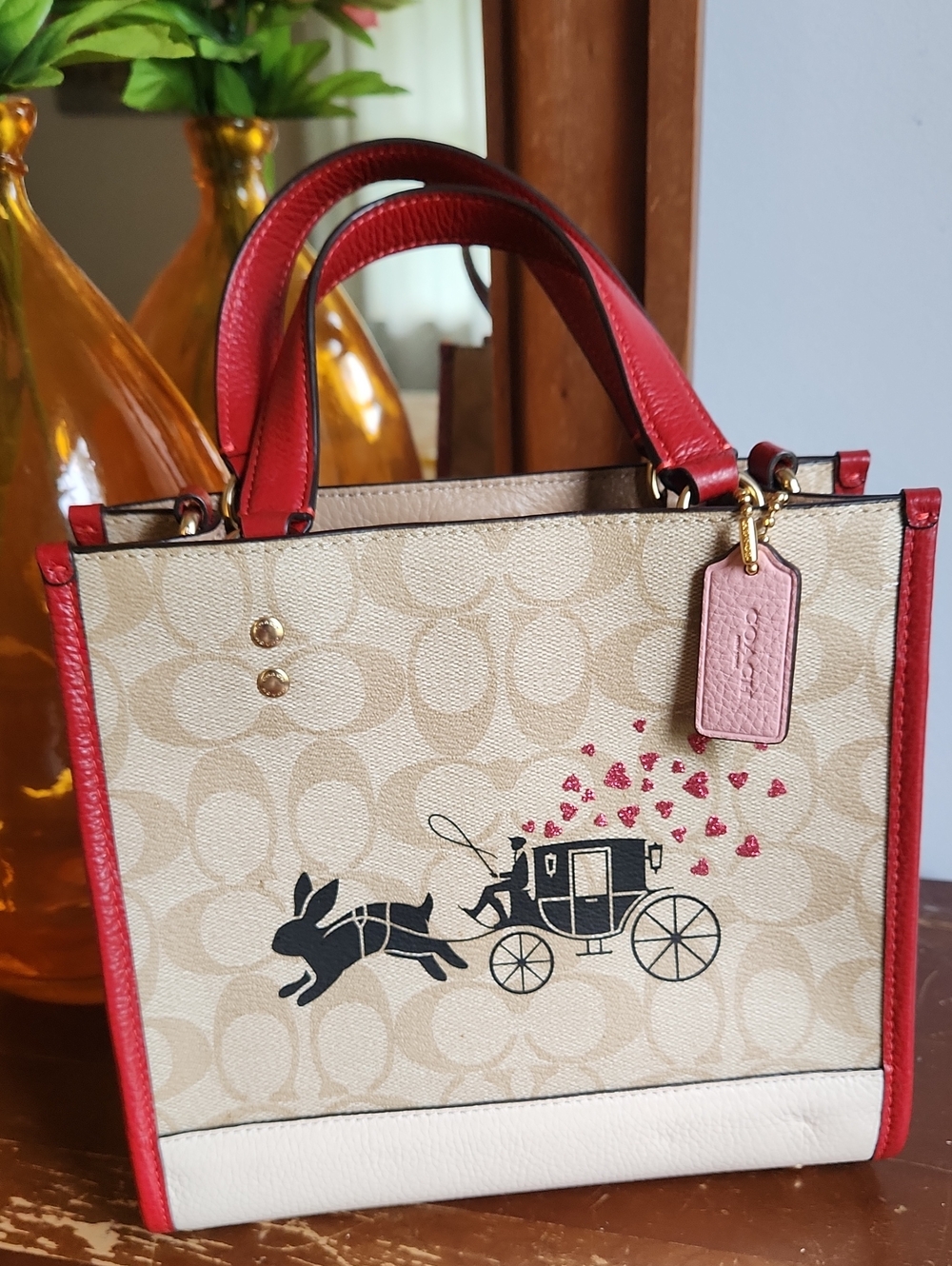 Coach 2022 Lunar New Year- Rabbit Signature Mini Tote with Red Trim and Pink Tag